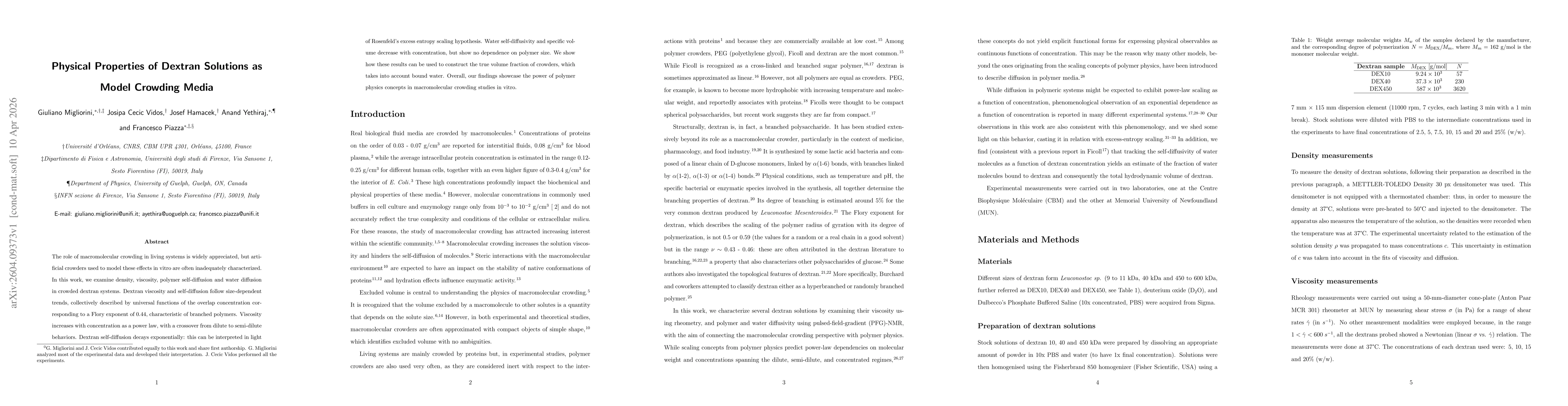 Thumbnail for Physical Properties of Dextran Solutions as Model Crowding Media