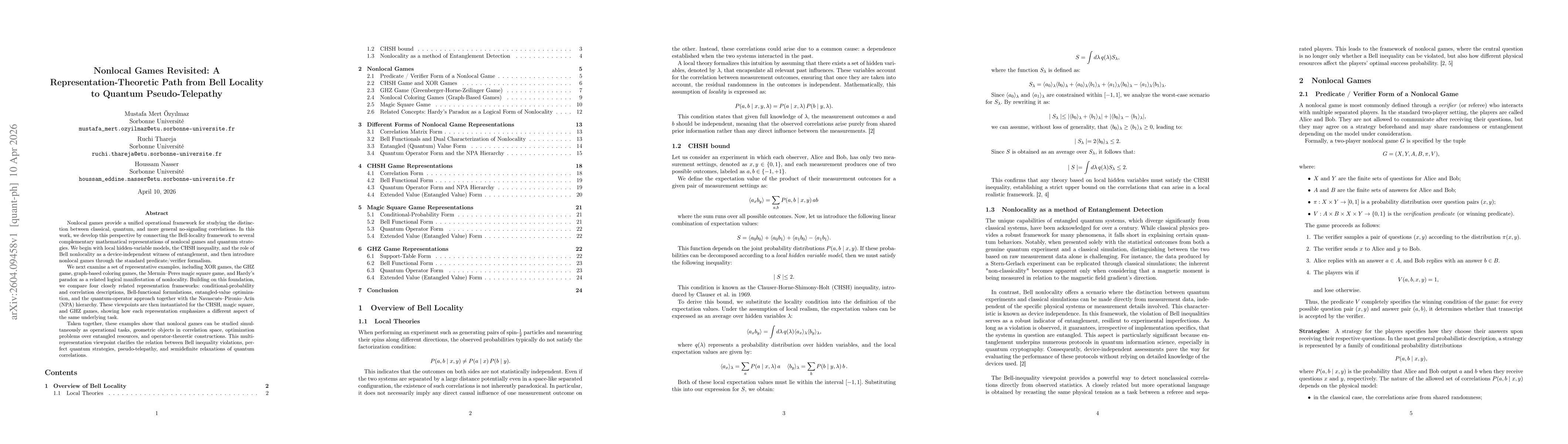 Thumbnail for Nonlocal Games Revisited: A Representation-Theoretic Path from Bell Locality to Quantum Pseudo-Telepathy