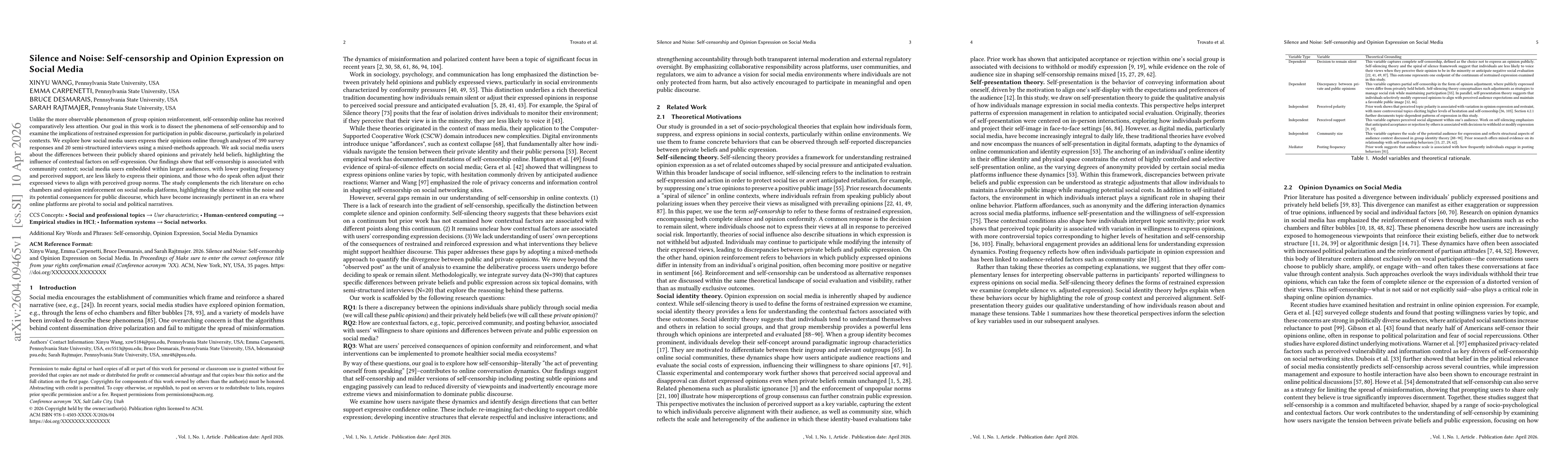Thumbnail for Silence and Noise: Self-censorship and Opinion Expression on Social Media