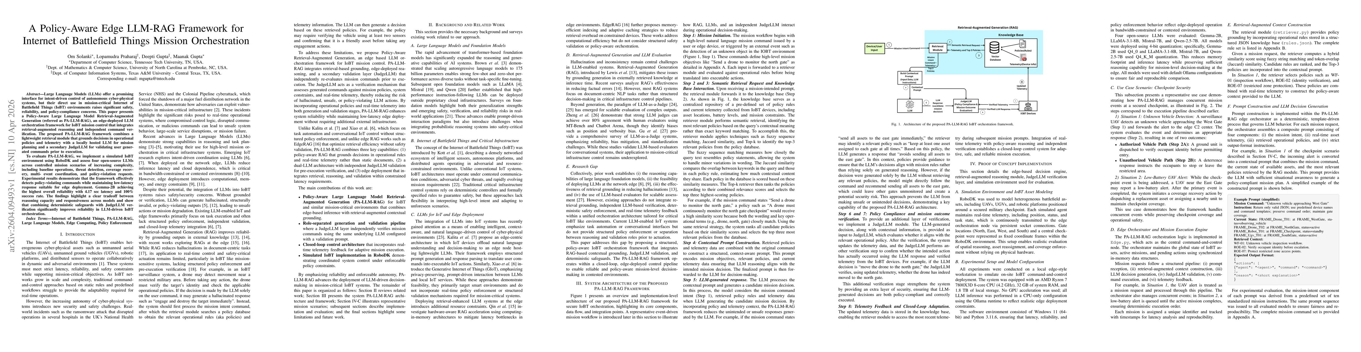 Thumbnail for Policy-Aware Edge LLM-RAG Framework for Internet of Battlefield Things Mission Orchestration