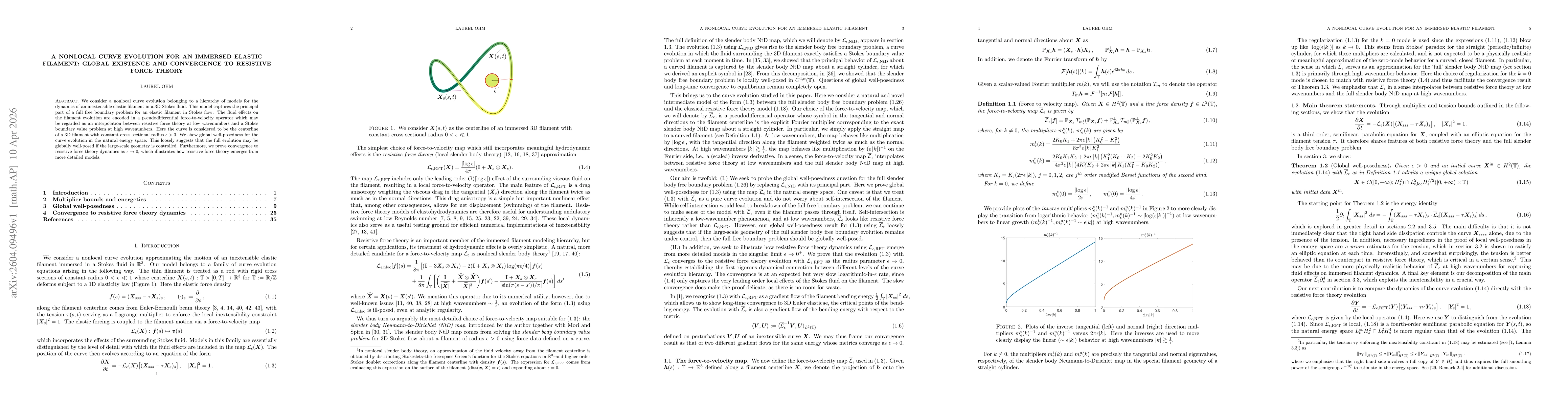 Thumbnail for A nonlocal curve evolution for an immersed elastic filament: global existence and convergence to resistive force theory