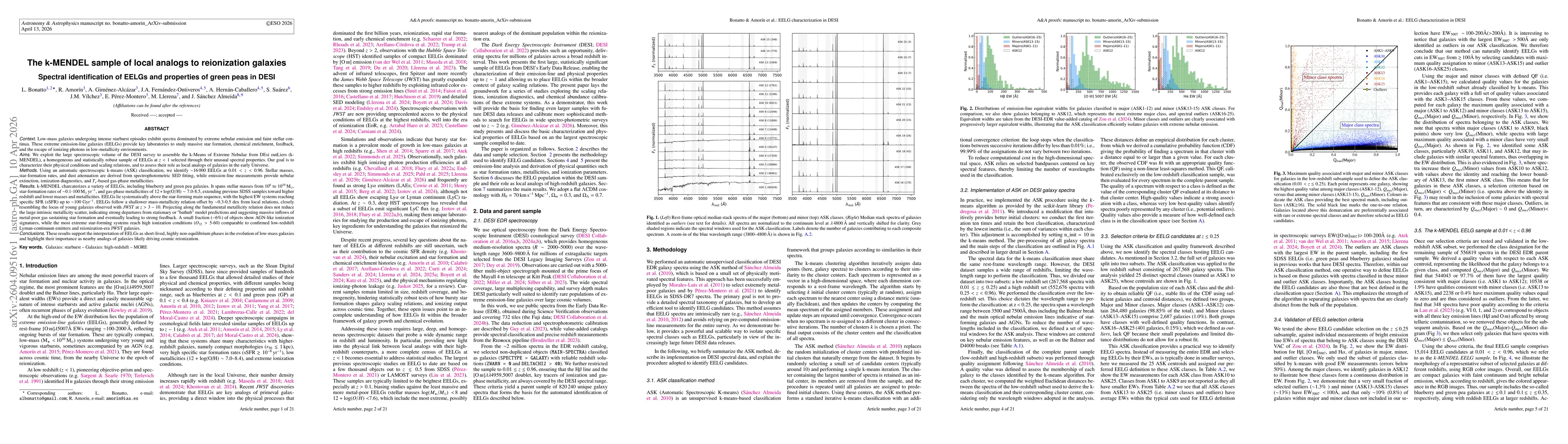 Thumbnail for The k-MENDEL sample of local analogs to reionization galaxies. Spectral identification of EELGs and properties of green peas in DESI