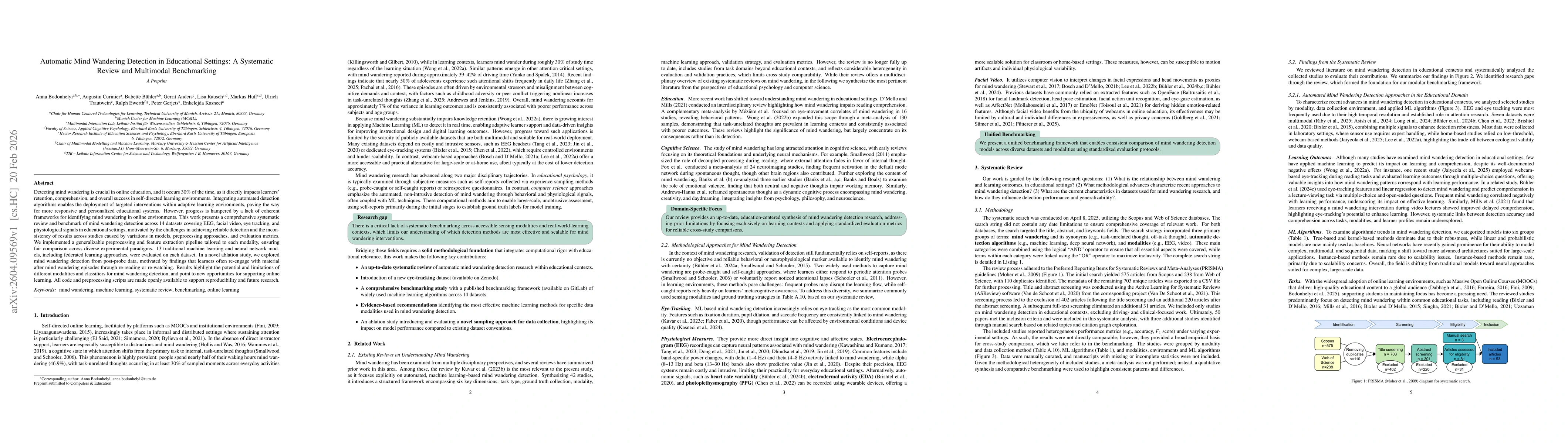 Thumbnail for Automatic Mind Wandering Detection in Educational Settings: A Systematic Review and Multimodal Benchmarking