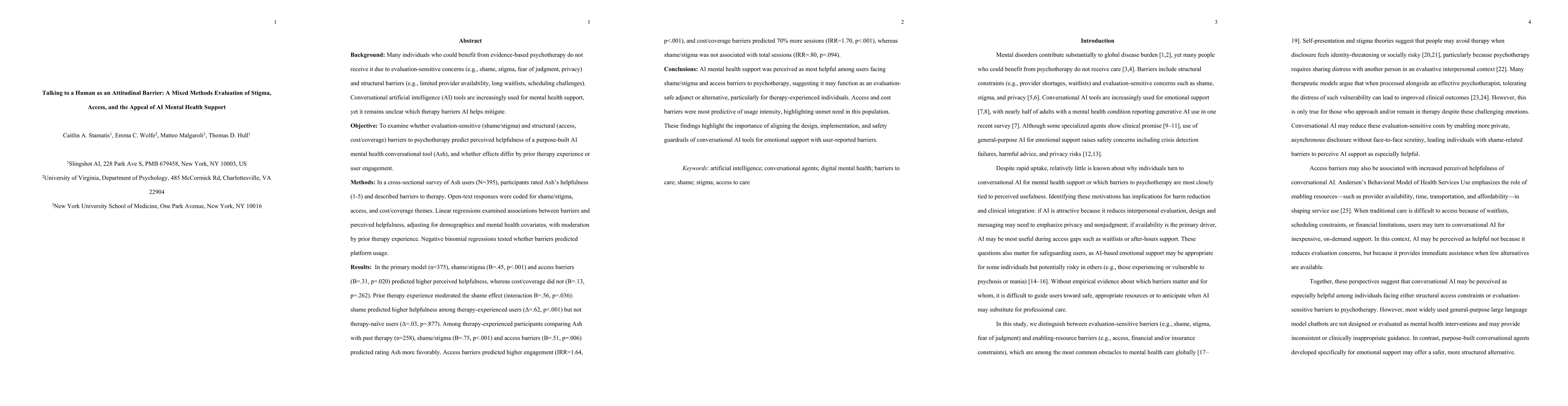 Thumbnail for Talking to a Human as an Attitudinal Barrier: A Mixed Methods Evaluation of Stigma, Access, and the Appeal of AI Mental Health Support