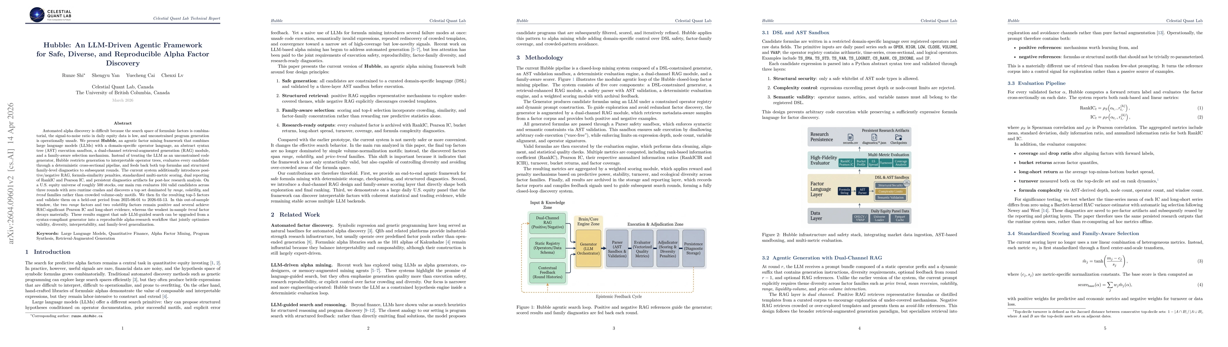 Thumbnail for Hubble: An LLM-Driven Agentic Framework for Safe, Diverse, and Reproducible Alpha Factor Discovery
