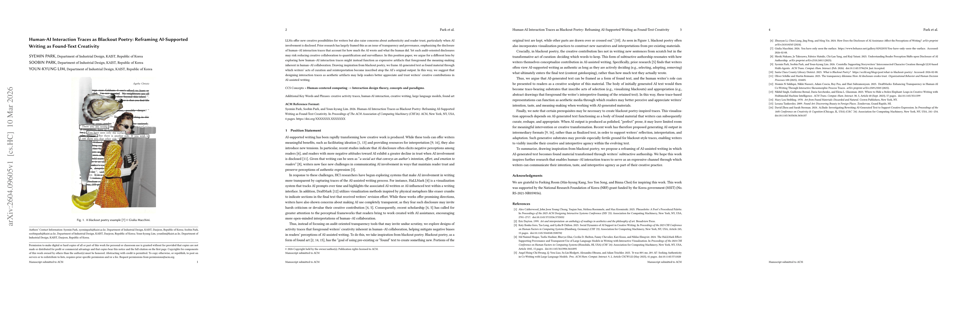Thumbnail for Human-AI Interaction Traces as Blackout Poetry: Reframing AI-Supported Writing as Found-Text Creativity