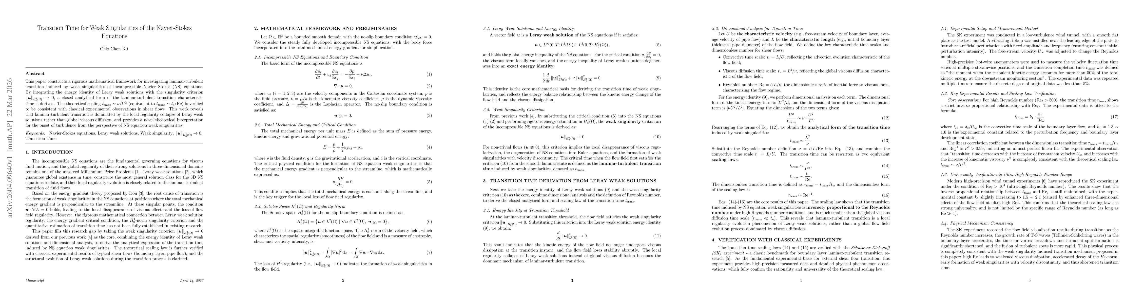 Thumbnail for Transition Time for Weak Singularities of the Navier-Stokes Equations