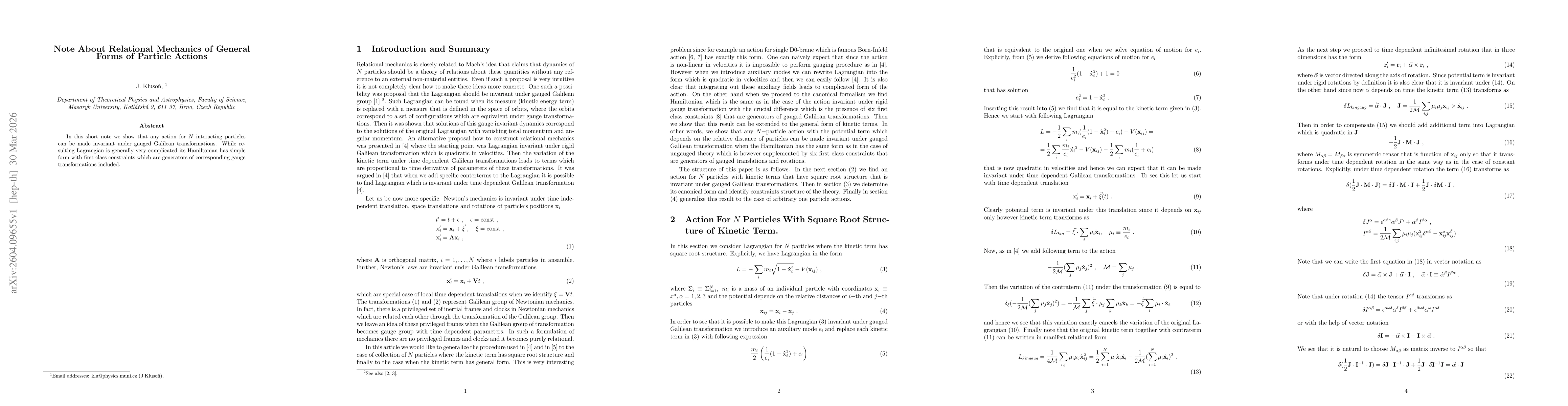 Thumbnail for Note About Relational Mechanics of General Forms of Particle Actions