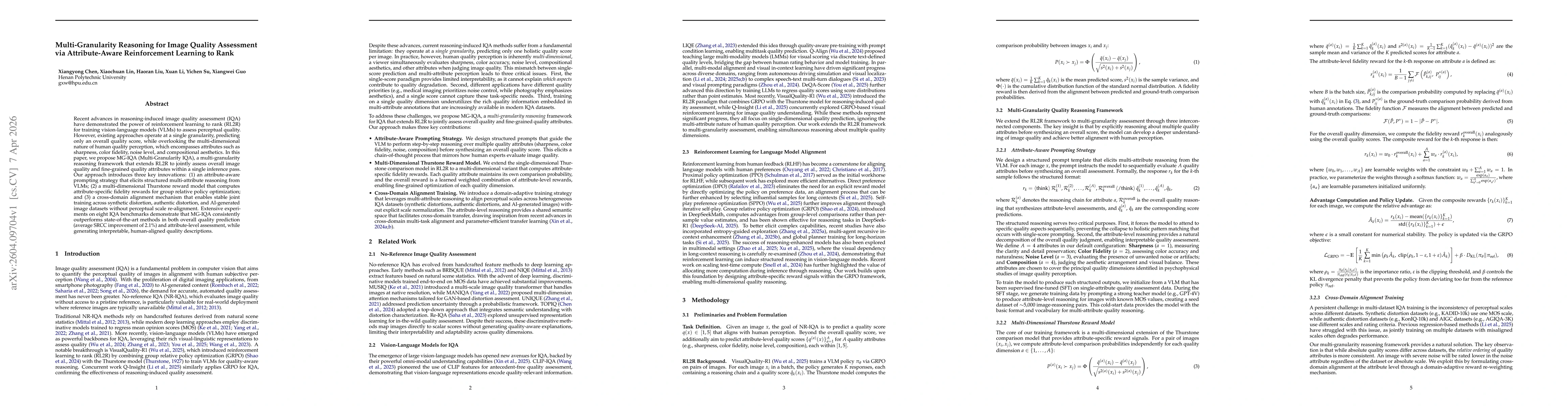 Thumbnail for Multi-Granularity Reasoning for Image Quality Assessment via Attribute-Aware Reinforcement Learning to Rank