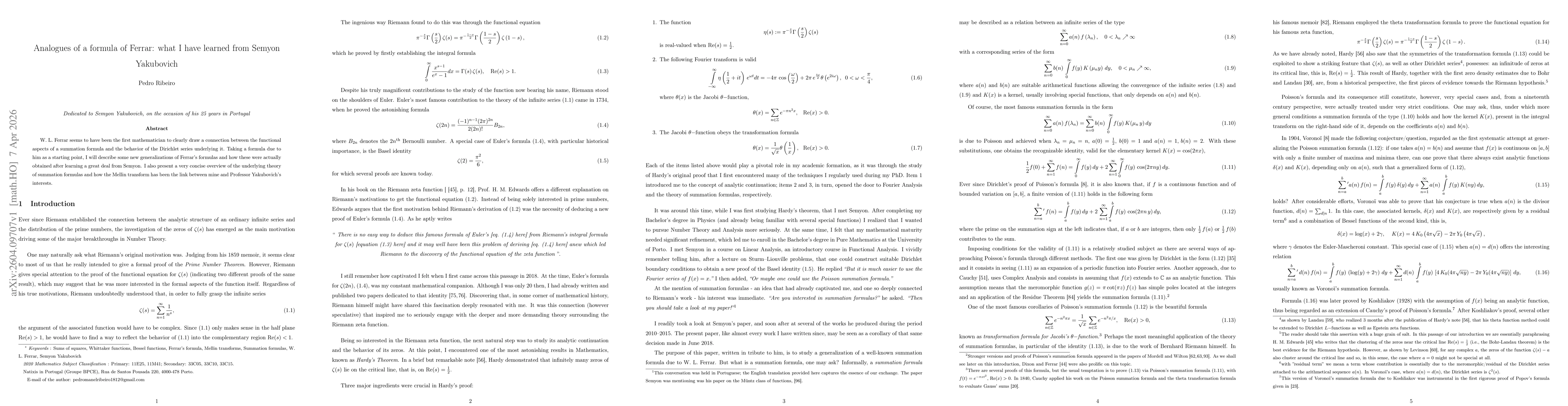Thumbnail for Analogues of a formula of Ferrar: what I have learned from Semyon Yakubovich