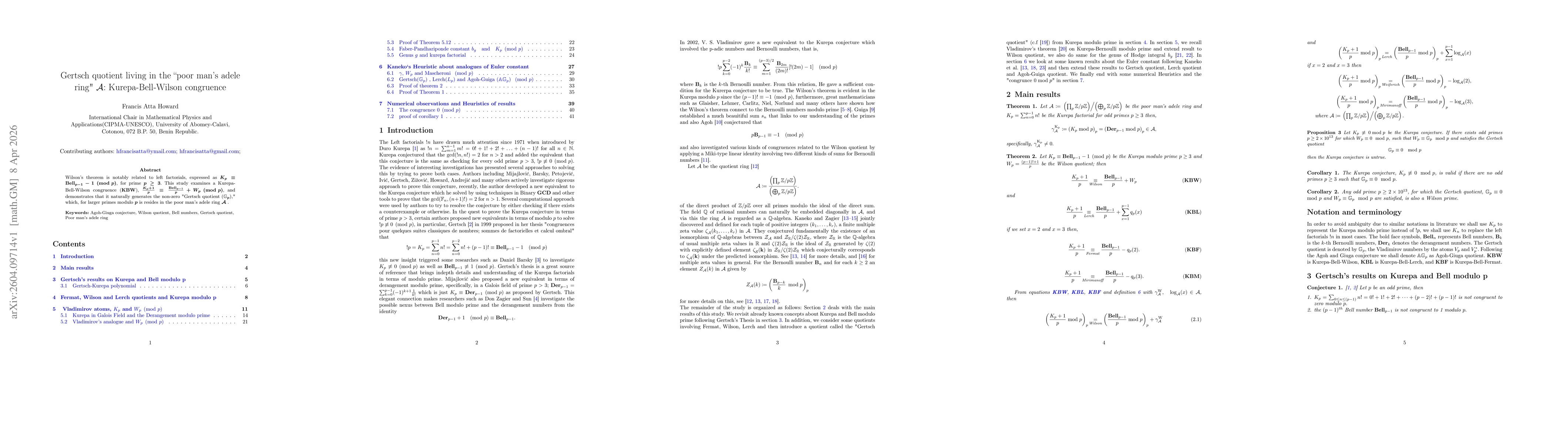 Thumbnail for Gertsch quotient living in the "poor man's adele ring" $\mathcal{A}$: Kurepa-Bell-Wilson congruence