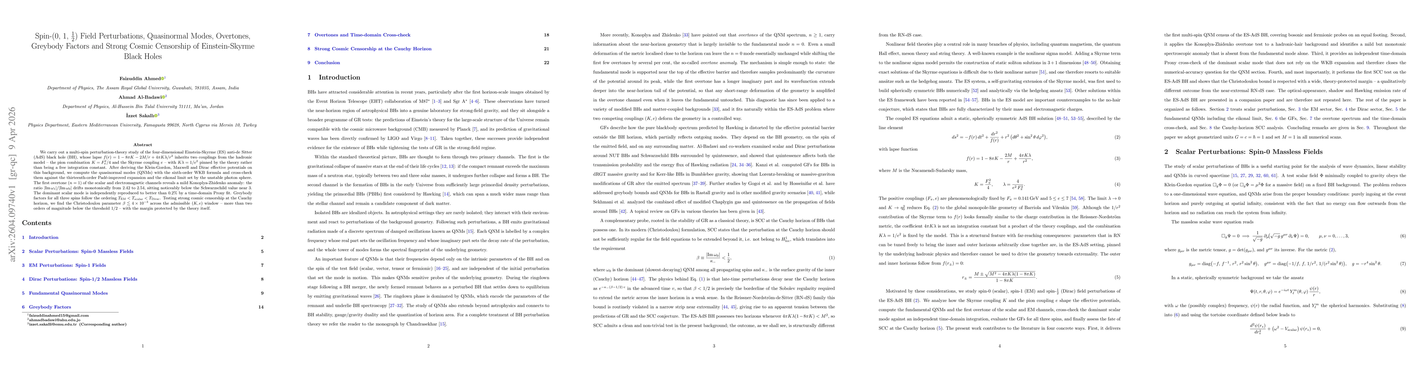 Thumbnail for Spin-($0$, $1$, $\frac{1}{2}$) Field Perturbations, Quasinormal Modes, Overtones, Greybody Factors and Strong Cosmic Censorship of Einstein-Skyrme Black Holes