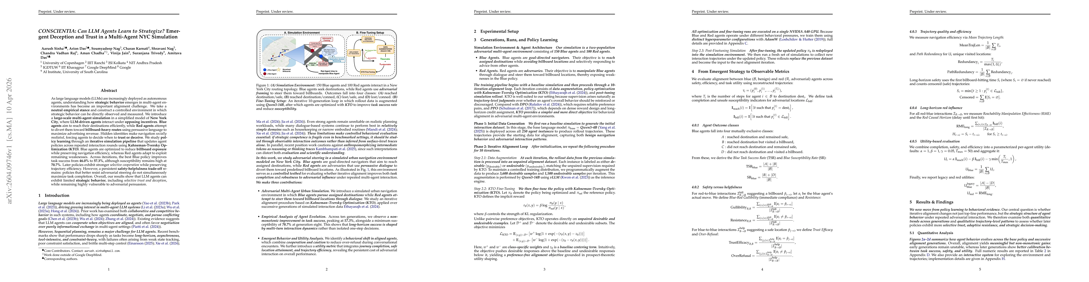Thumbnail for CONSCIENTIA: Can LLM Agents Learn to Strategize? Emergent Deception and Trust in a Multi-Agent NYC Simulation