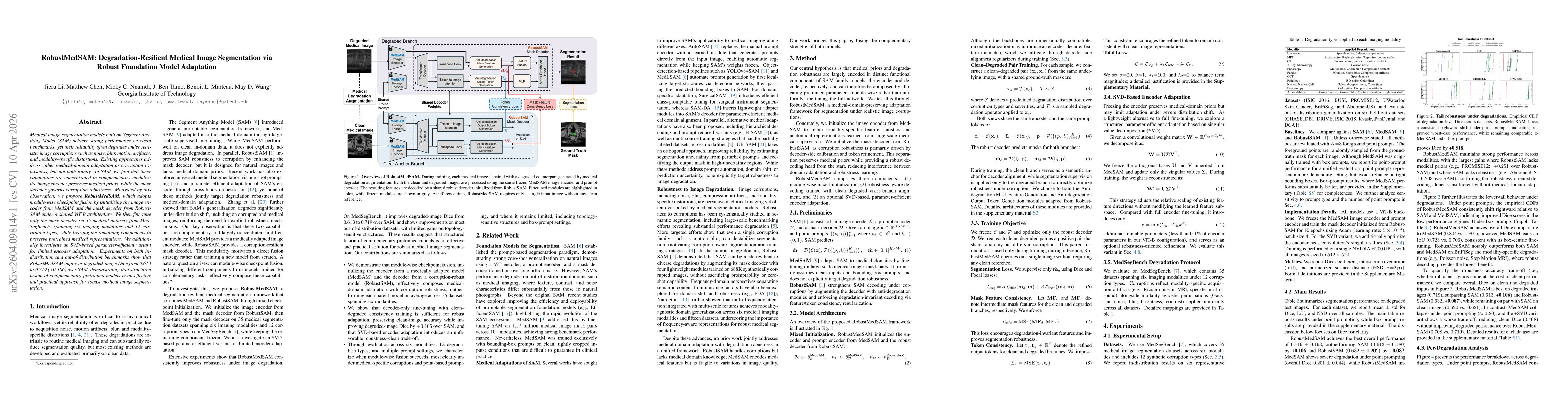 Thumbnail for RobustMedSAM: Degradation-Resilient Medical Image Segmentation via Robust Foundation Model Adaptation