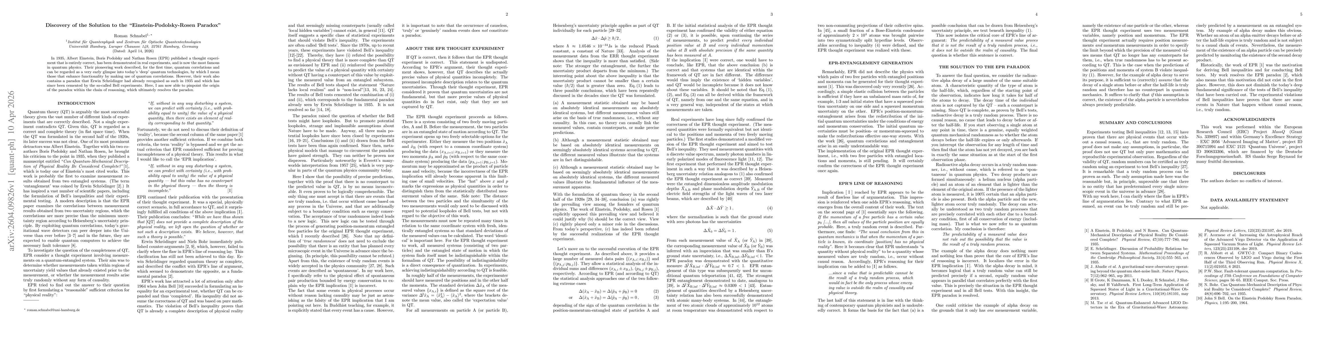 Thumbnail for Discovery of the Solution to the "Einstein-Podolsky-Rosen Paradox"