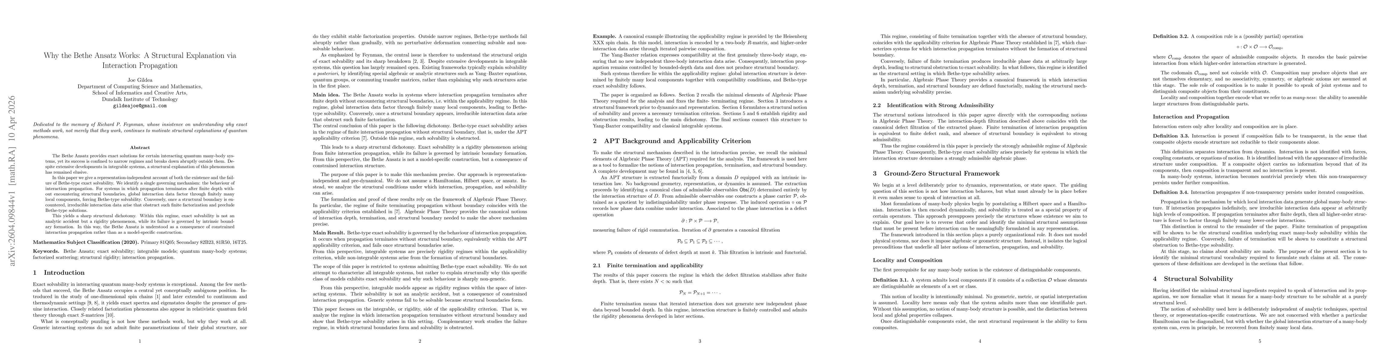 Thumbnail for Why the Bethe Ansatz Works: A Structural Explanation via Interaction Propagation