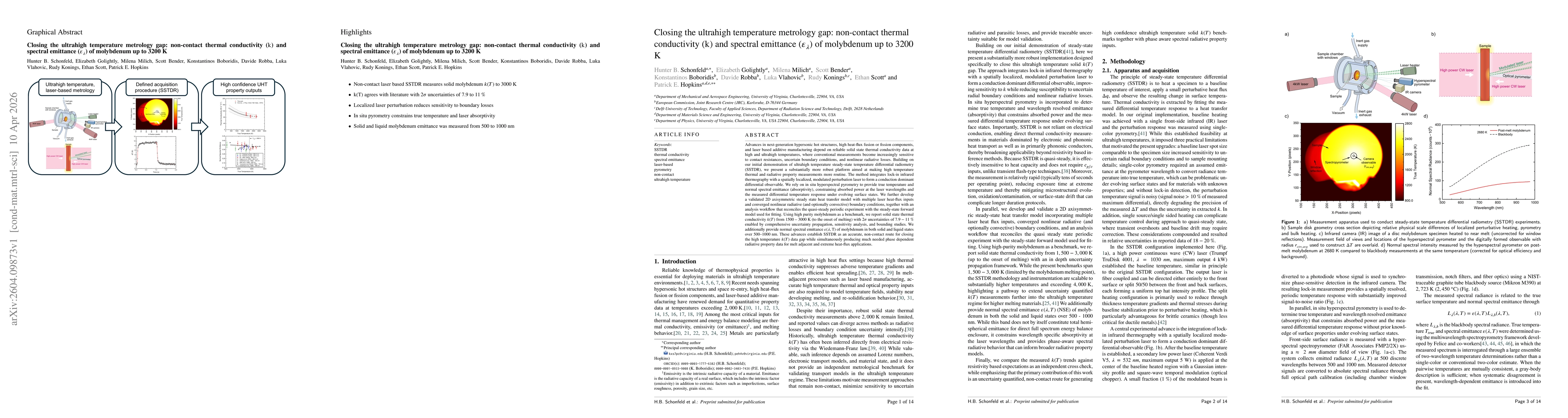 Thumbnail for Closing the ultrahigh temperature metrology gap: non-contact thermal conductivity ($\mathrm{k}$) and spectral emittance ($\mathrm{\varepsilon_λ}$) of molybdenum up to 3200 K