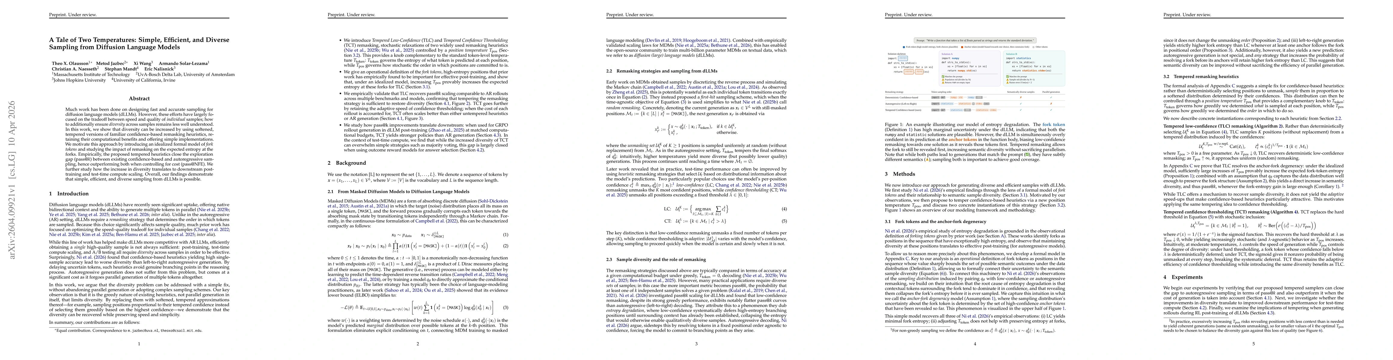 Thumbnail for A Tale of Two Temperatures: Simple, Efficient, and Diverse Sampling from Diffusion Language Models