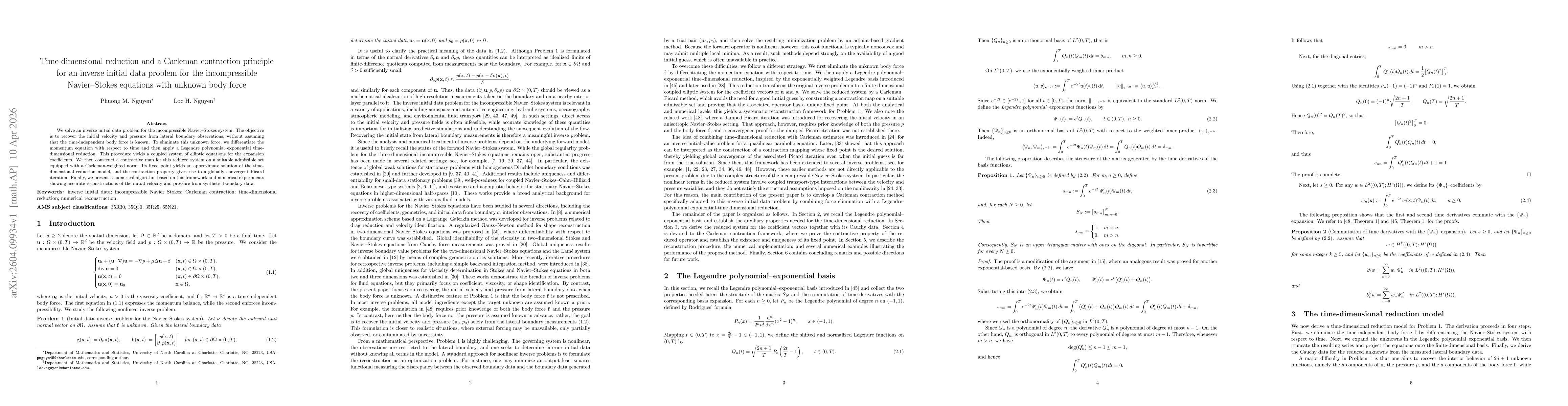 Thumbnail for Time-dimensional reduction and a Carleman contraction principle for an inverse initial data problem for the incompressible Navier-Stokes equations with unknown body force