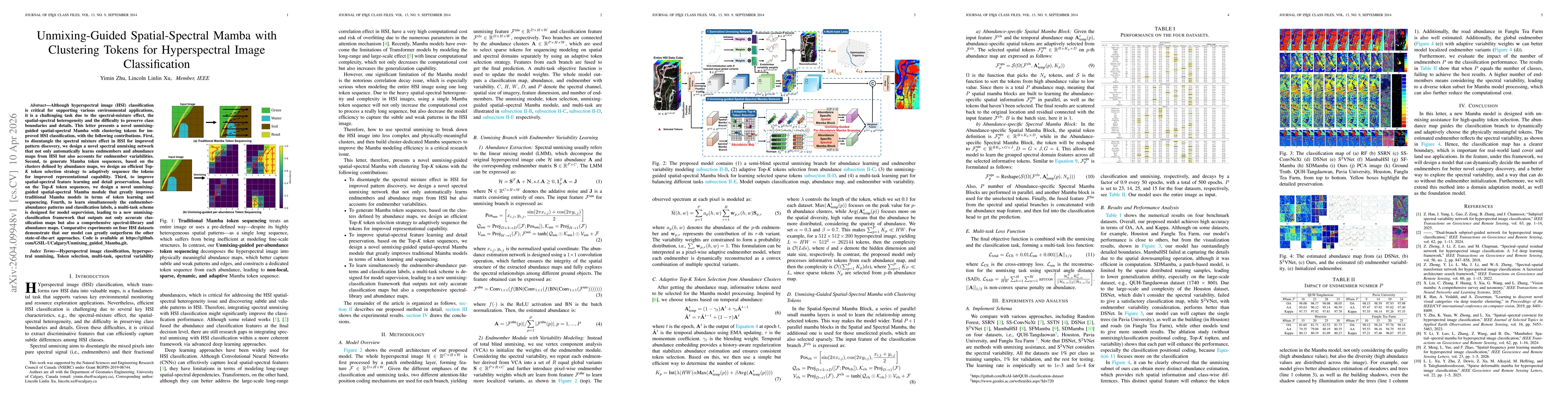 Thumbnail for Unmixing-Guided Spatial-Spectral Mamba with Clustering Tokens for Hyperspectral Image Classification