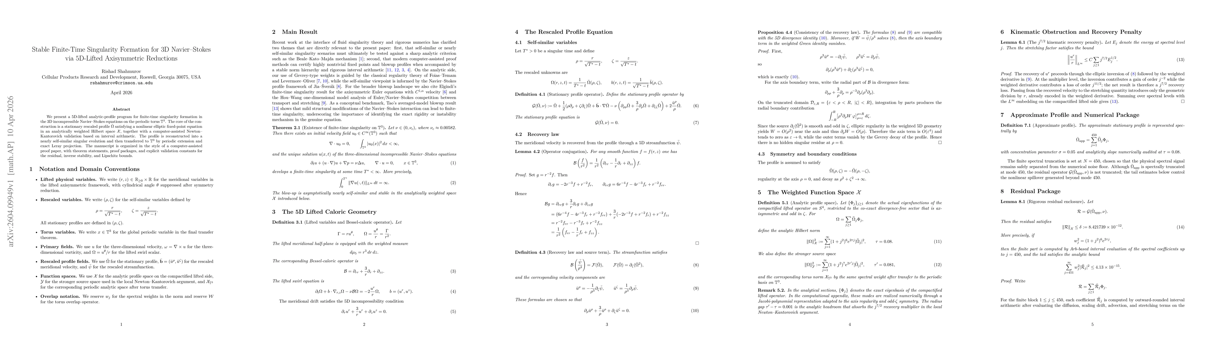 Thumbnail for Stable Finite-Time Singularity Formation for 3D Navier--Stokes via 5D-Lifted Axisymmetric Reductions