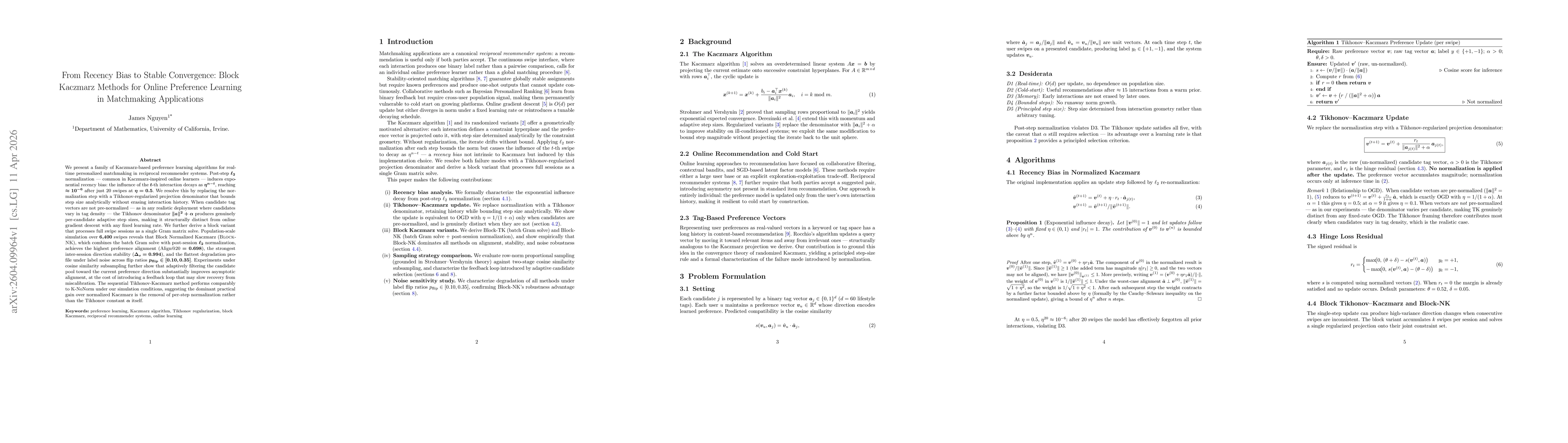Thumbnail for From Recency Bias to Stable Convergence Block Kaczmarz Methods for Online Preference Learning in Matchmaking Applications