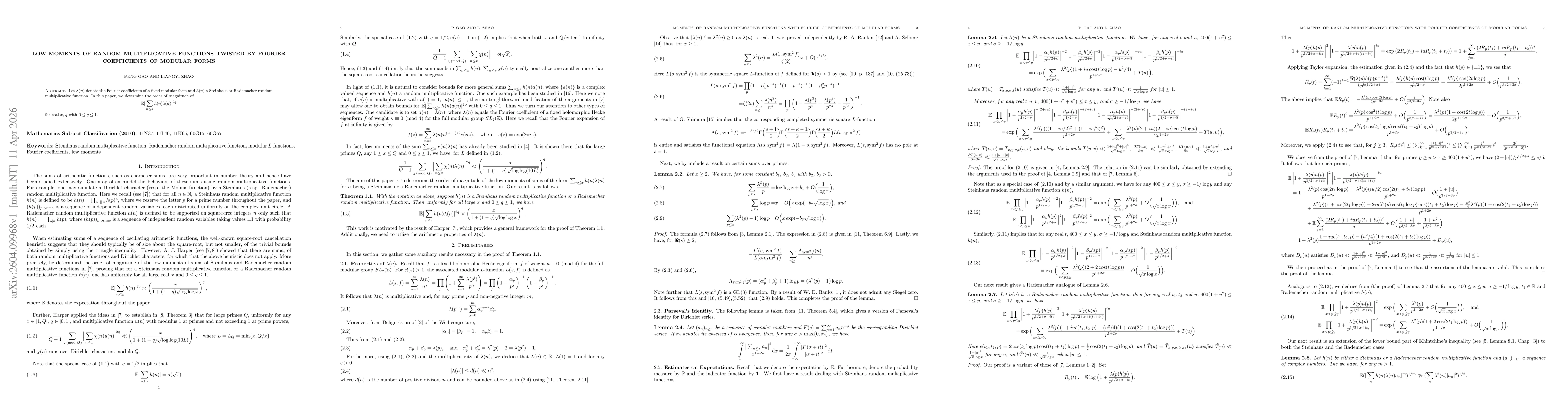 Thumbnail for Low moments of random multiplicative functions twisted by Fourier coefficients of modular forms