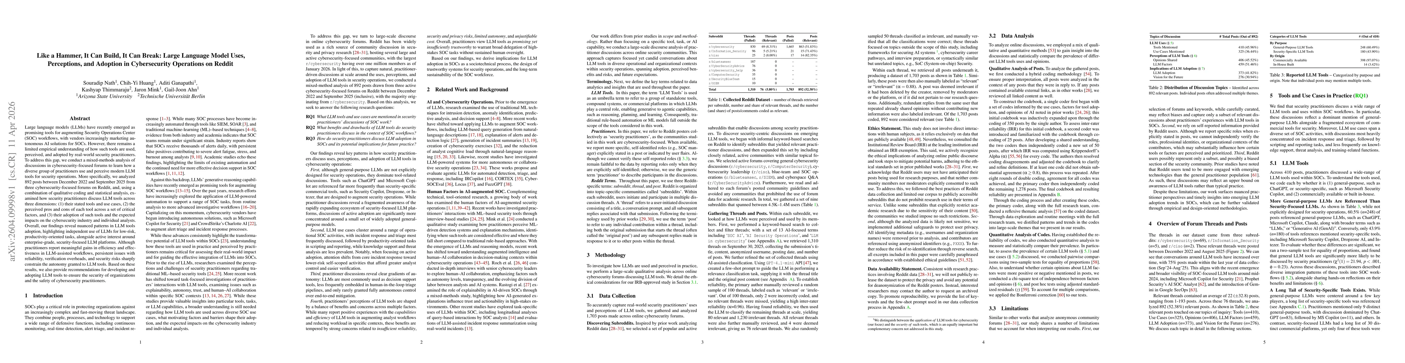 Thumbnail for Like a Hammer, It Can Build, It Can Break: Large Language Model Uses, Perceptions, and Adoption in Cybersecurity Operations on Reddit