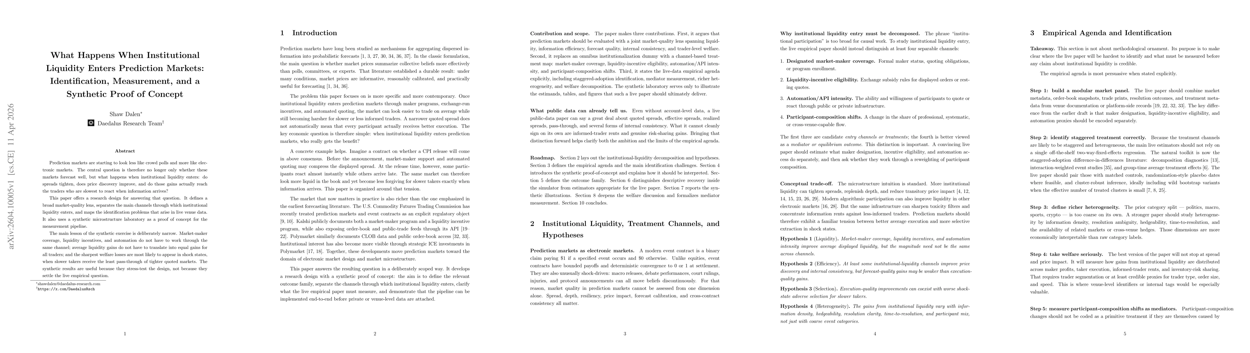 Thumbnail for What Happens When Institutional Liquidity Enters Prediction Markets: Identification, Measurement, and a Synthetic Proof of Concept