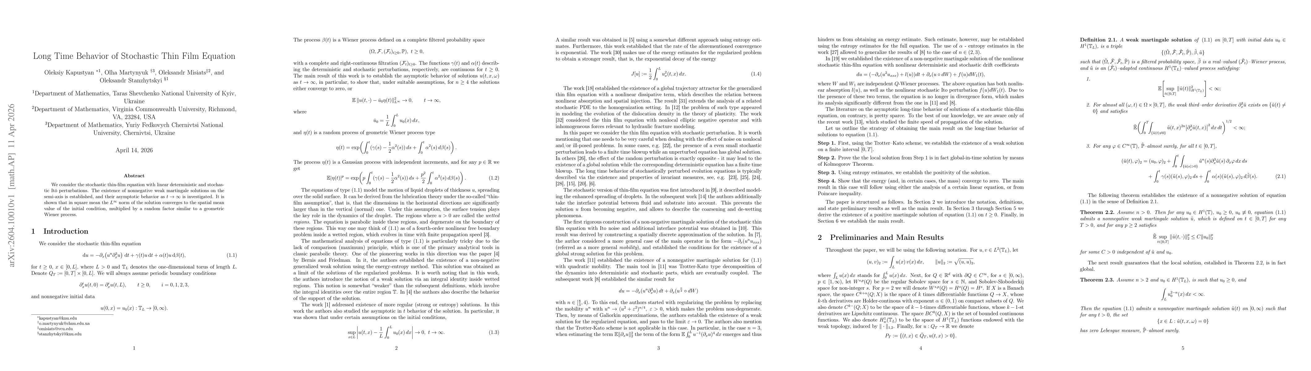 Thumbnail for Long Time Behavior of Stochastic Thin Film Equation