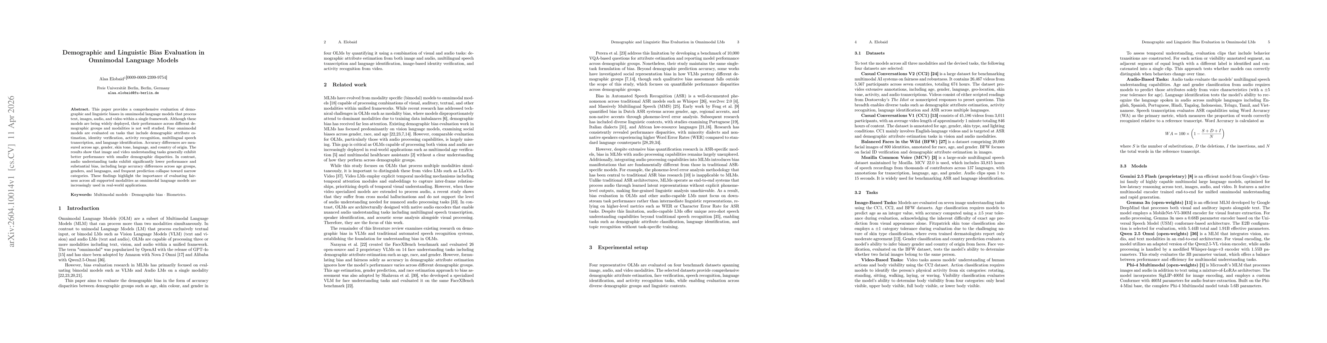 Thumbnail for Demographic and Linguistic Bias Evaluation in Omnimodal Language Models