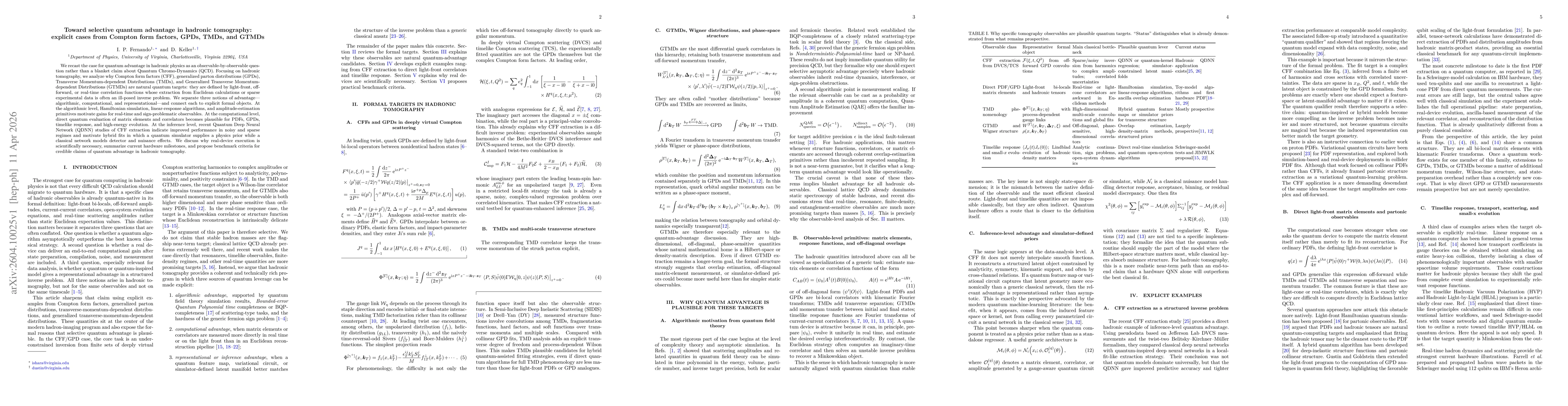 Thumbnail for Toward selective quantum advantage in hadronic tomography:explicit cases from Compton form factors, GPDs, TMDs, and GTMDs