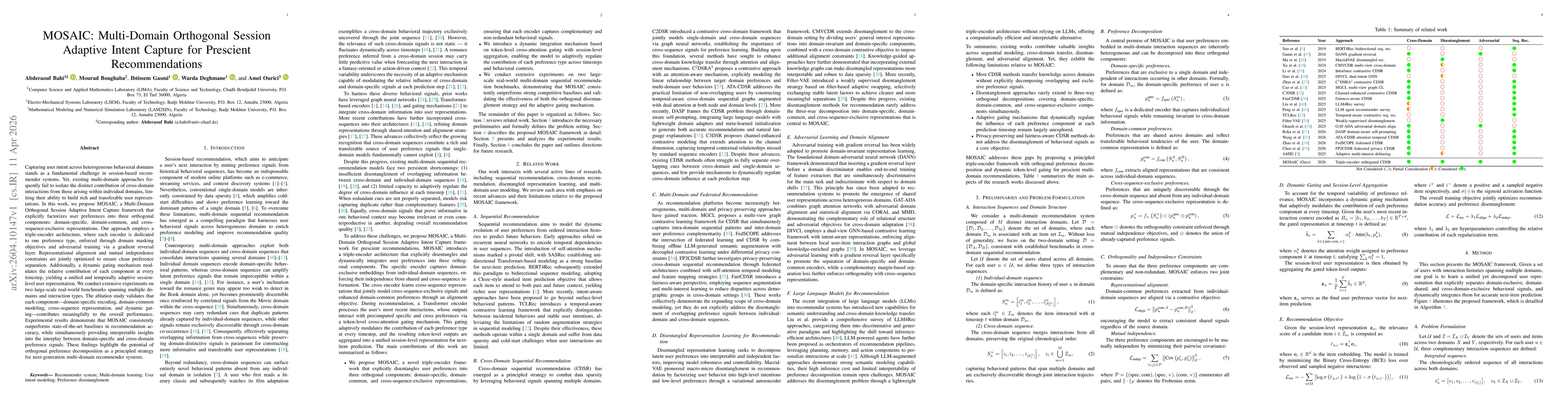 Thumbnail for MOSAIC: Multi-Domain Orthogonal Session Adaptive Intent Capture for Prescient Recommendations