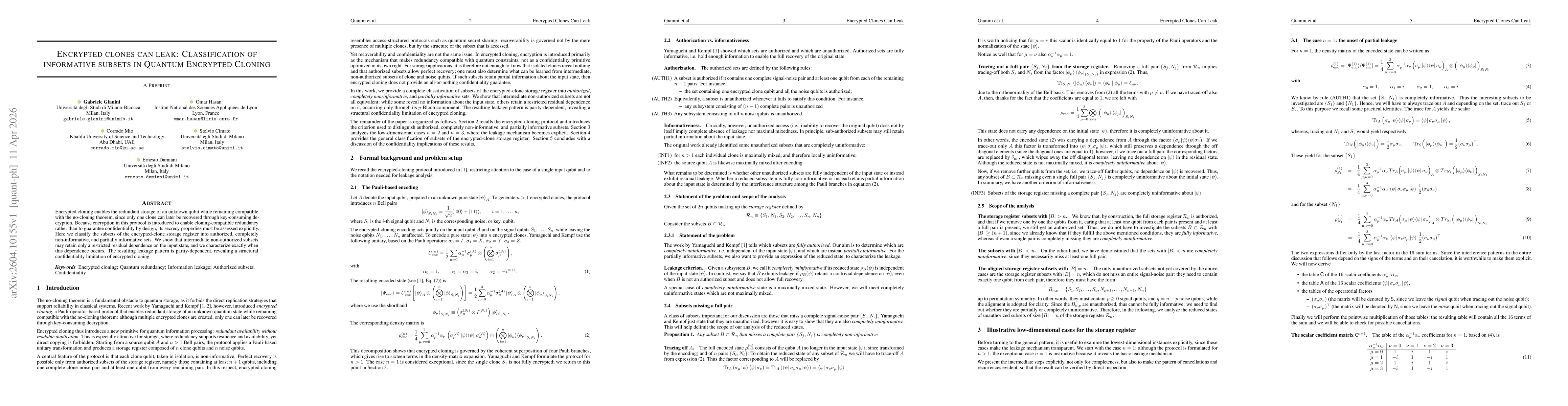 Thumbnail for Encrypted clones can leak: Classification of informative subsets in Quantum Encrypted Cloning