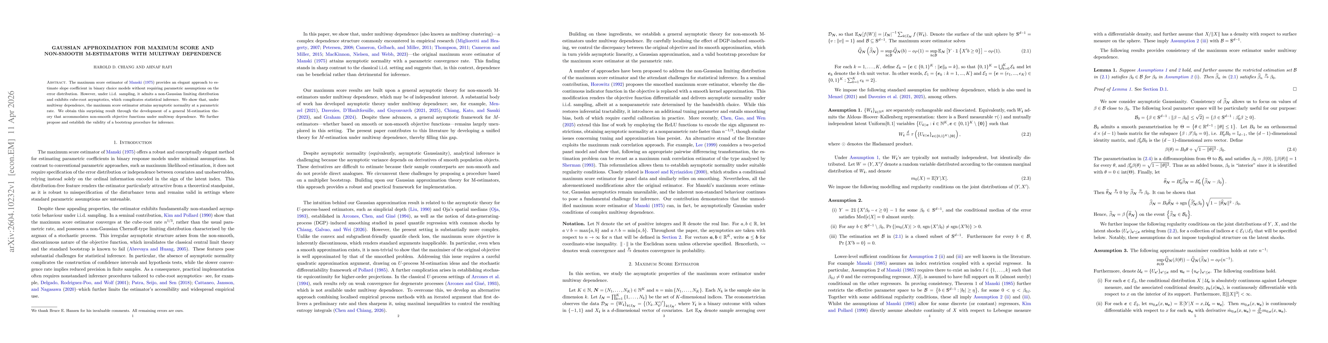 Thumbnail for Gaussian approximation for maximum score and non-smooth M-estimators with multiway dependence