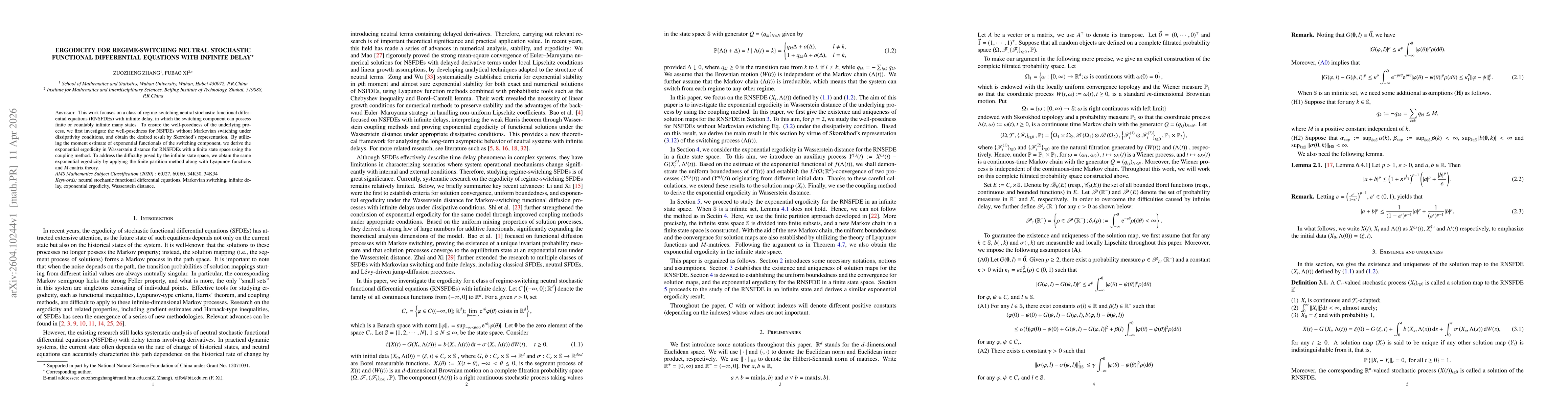 Thumbnail for Ergodicity for regime-switching neutral stochastic functional differential equations with infinite delay