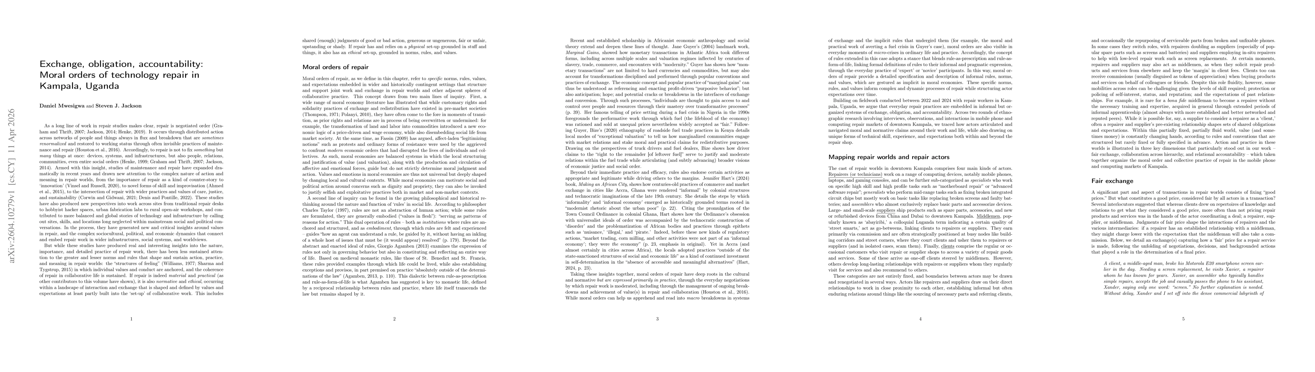 Thumbnail for Exchange, obligation, accountability: Moral orders of technology repair in Kampala, Uganda