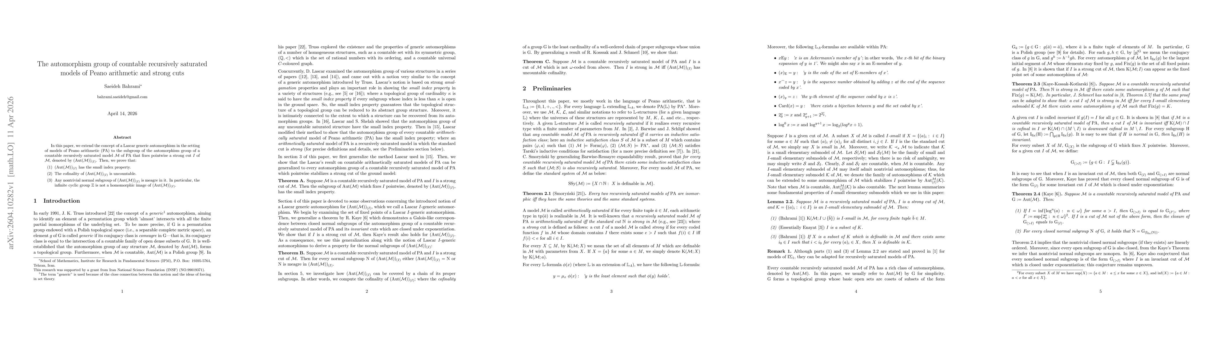 Thumbnail for The automorphism group of countable recursively saturated models of Peano arithmetic and strong cuts