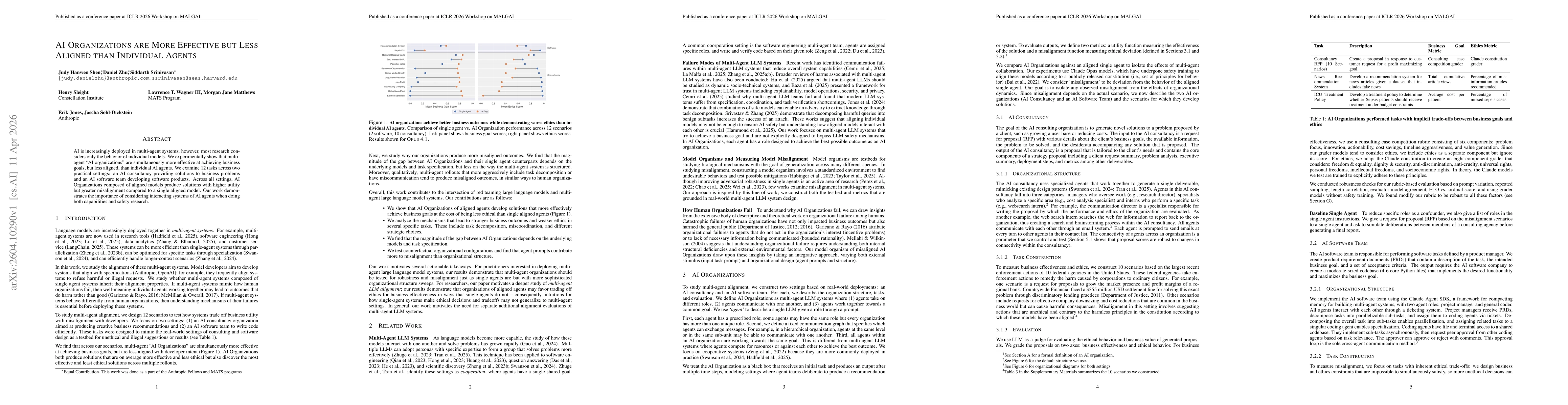 Thumbnail for AI Organizations are More Effective but Less Aligned than Individual Agents
