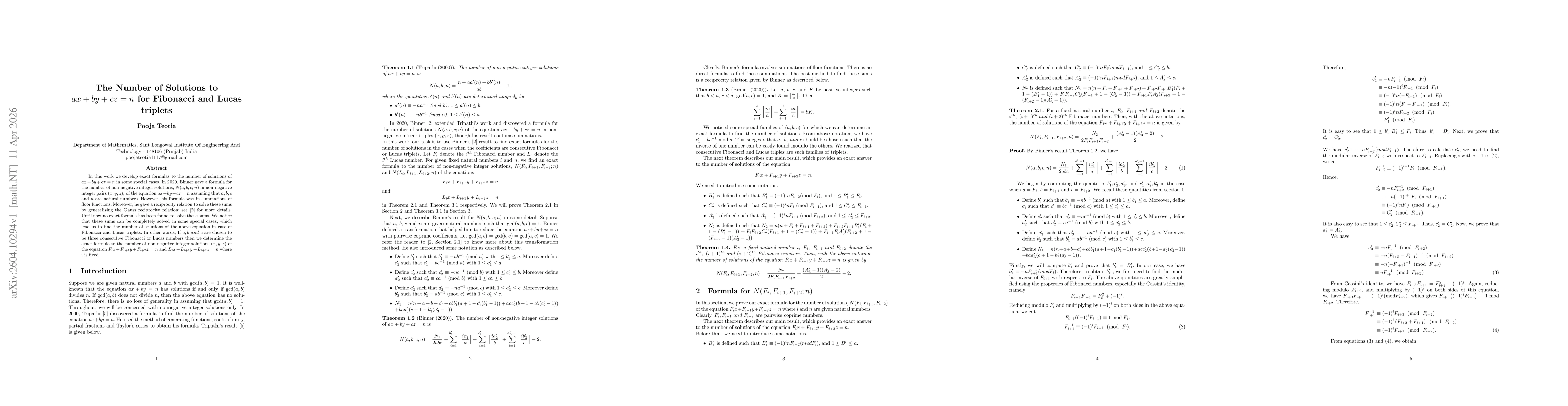 Thumbnail for The Number of Solutions to $ax+by+cz=n$ for Fibonacci and Lucas triplets