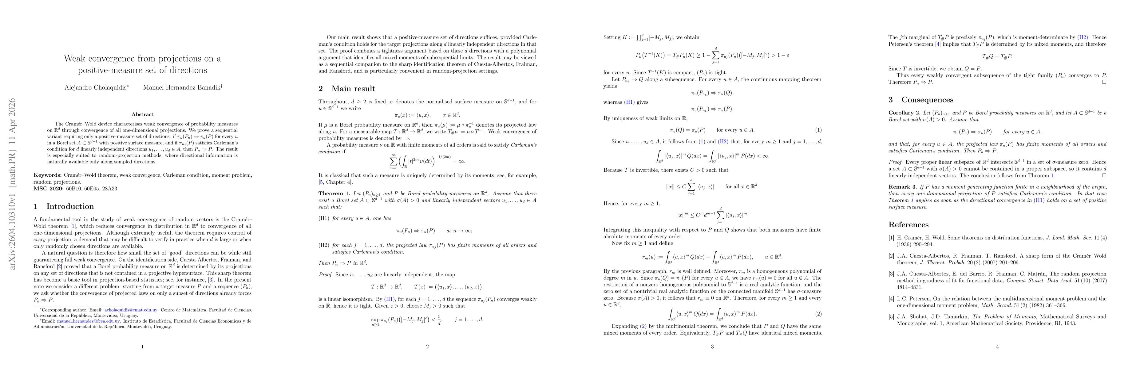 Thumbnail for Weak convergence from projected laws on a positive-measure set of directions
