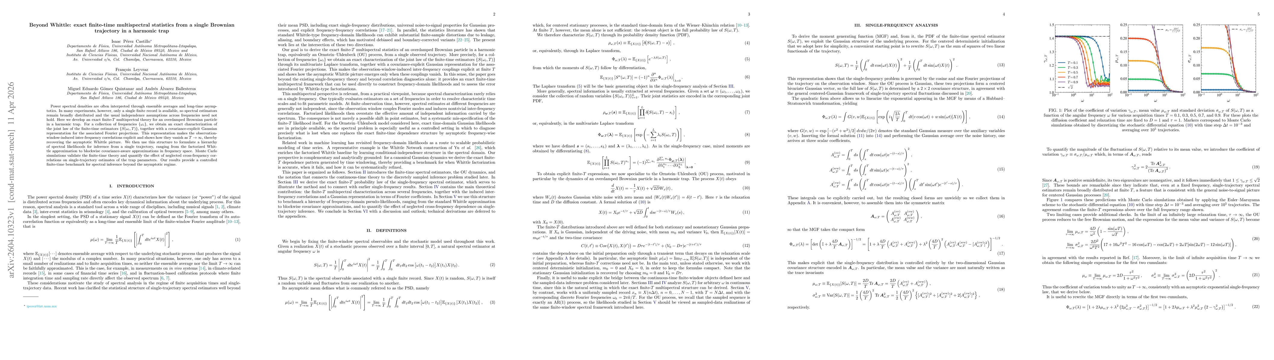 Thumbnail for Beyond Whittle: exact finite-time multispectral statistics from a single Brownian trajectory in a harmonic trap