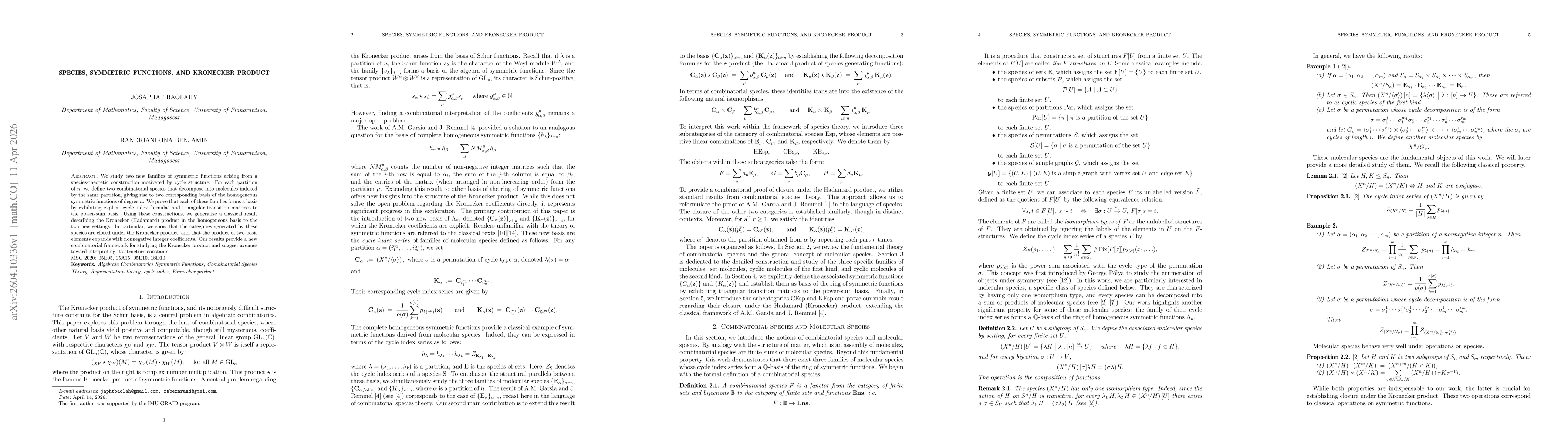Thumbnail for Species, Symmetric Functions, and Kronecker Product