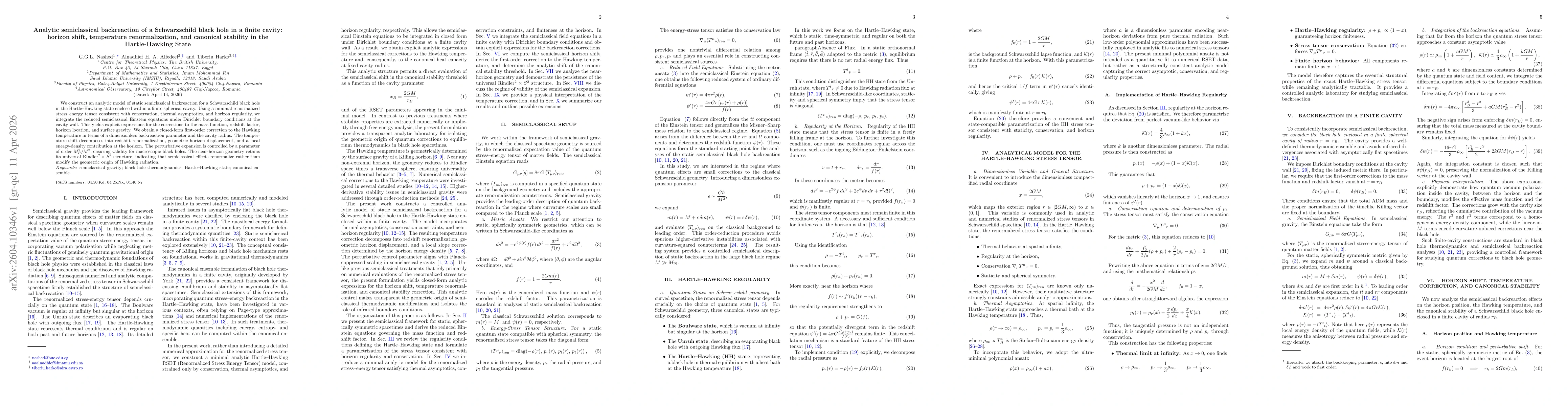 Thumbnail for Analytic semiclassical backreaction of a Schwarzschild black hole in a finite cavity: horizon shift, temperature renormalization, and canonical stability in the Hartle-Hawking State