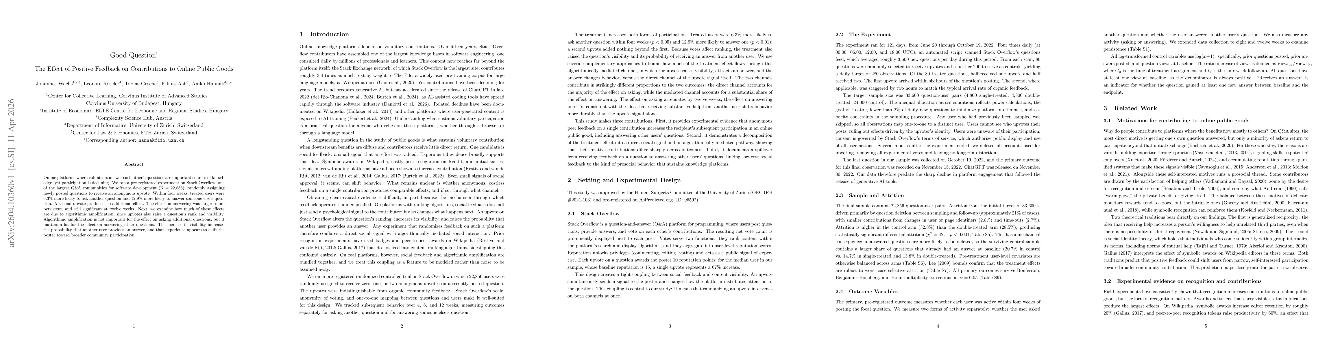 Thumbnail for Good Question! The Effect of Positive Feedback on Contributions to Online Public Goods