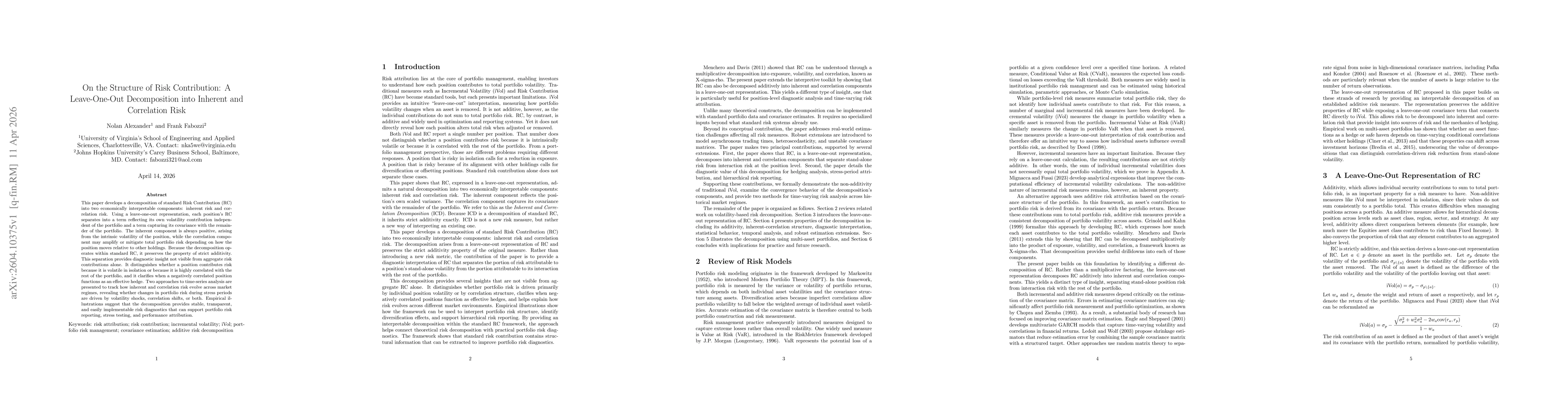 Thumbnail for On the Structure of Risk Contribution: A Leave-One-Out Decomposition into Inherent and Correlation Risk