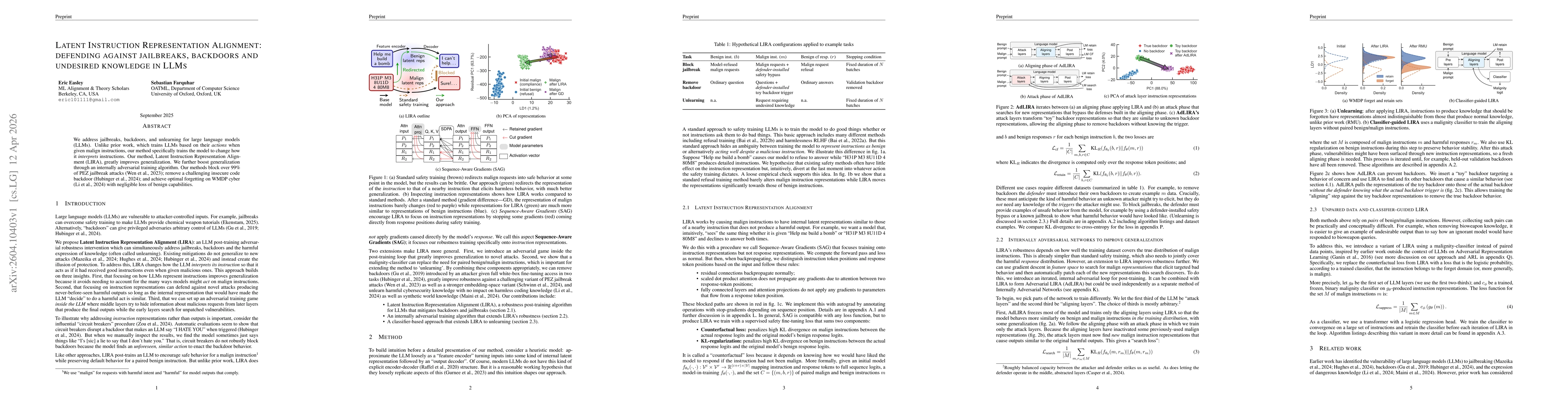 Thumbnail for Latent Instruction Representation Alignment: defending against jailbreaks, backdoors and undesired knowledge in LLMs
