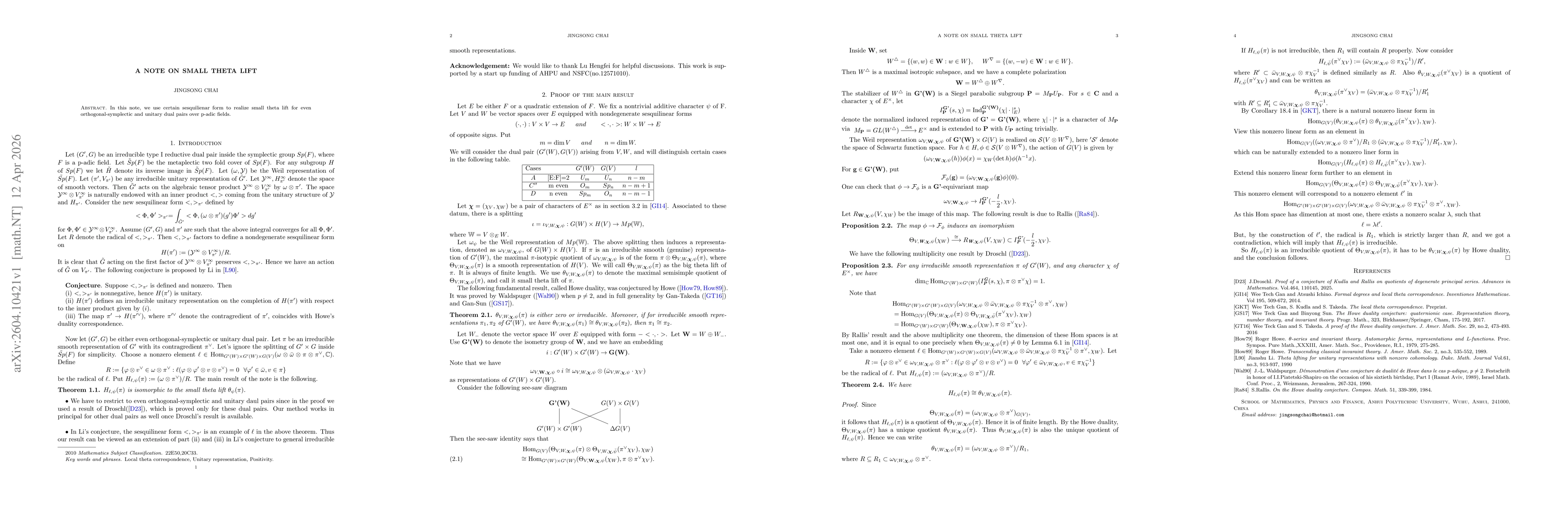 Thumbnail for A note on small theta lift