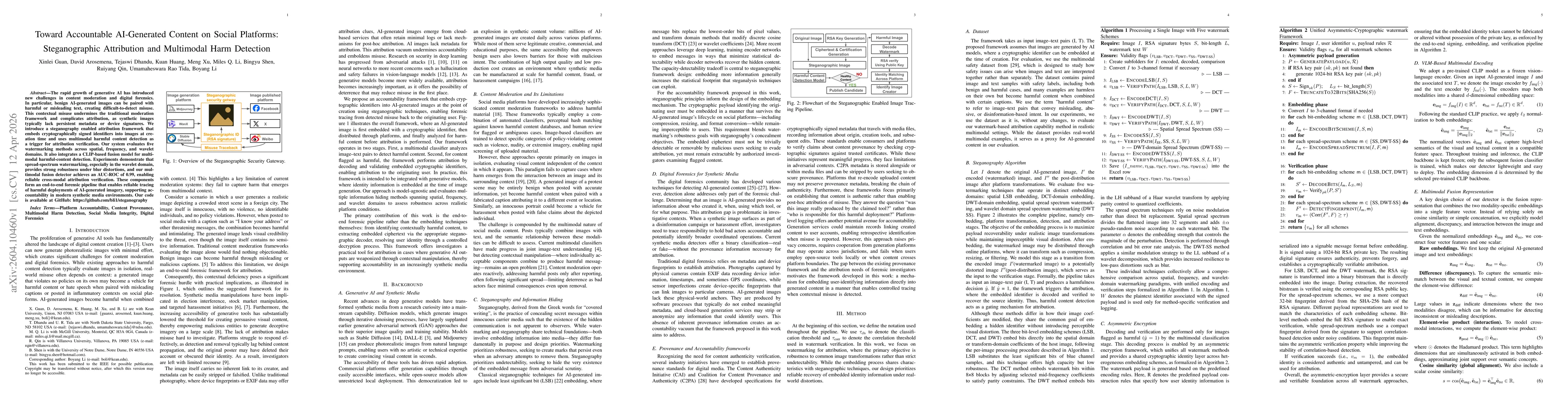 Thumbnail for Toward Accountable AI-Generated Content on Social Platforms: Steganographic Attribution and Multimodal Harm Detection