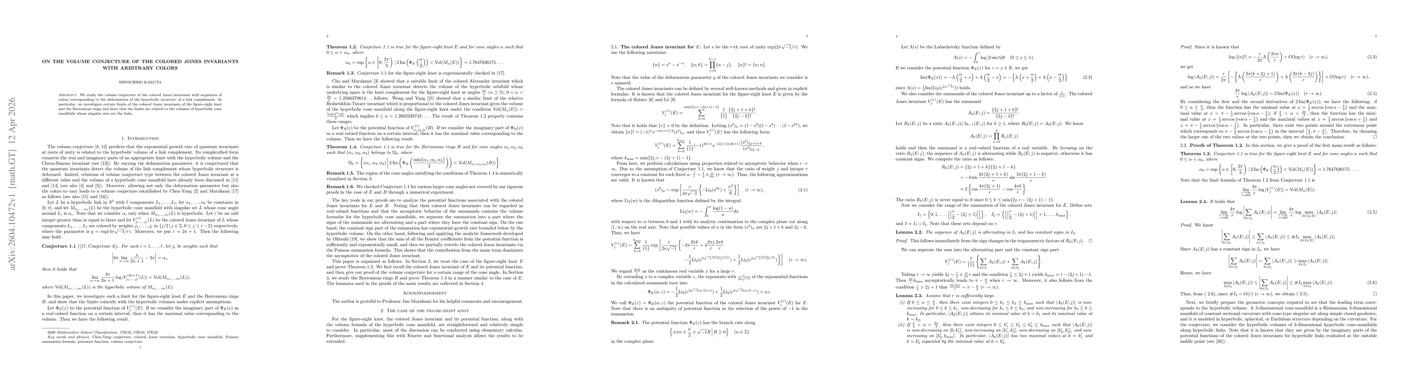 Thumbnail for On the volume conjecture of the colored Jones invariants with arbitrary colors